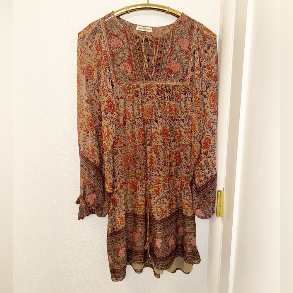 Ulla Johnson Floral Paisley Long-Sleeve Mini Dress in Beige, Rust, Pink